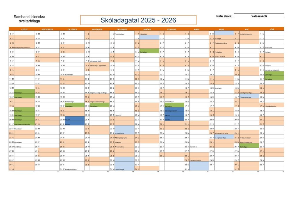 Skóladagatal Valsárskóla er tilbúið og samþykkt fyrir skólaárið 2025-2026